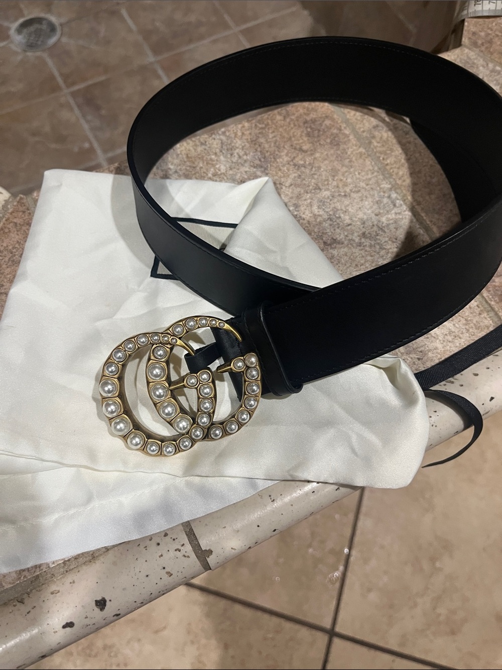 Gucci Black Leather Belt with Gold Double G Pearl Buckle